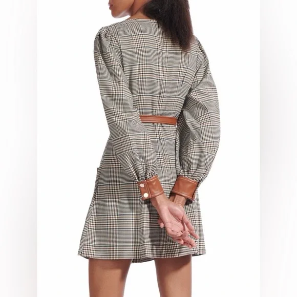 STAUD ‘Oz’ Checkered Long Sleeve Dress with Leatherette Details - Picture 2 of 16